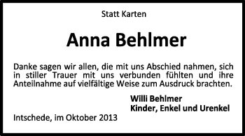 Traueranzeige von Anna Behlmer von KRZ