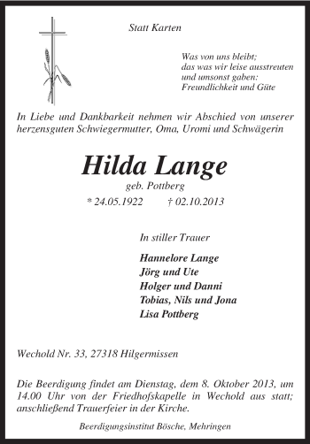 Traueranzeige von Hilda Lange von KRZ