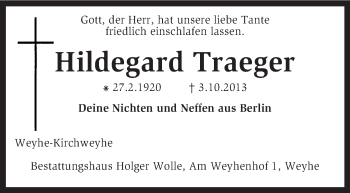 Traueranzeige von Hildegard Traeger von KRZ