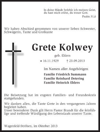 Traueranzeige von Grete Kolwey von KRZ