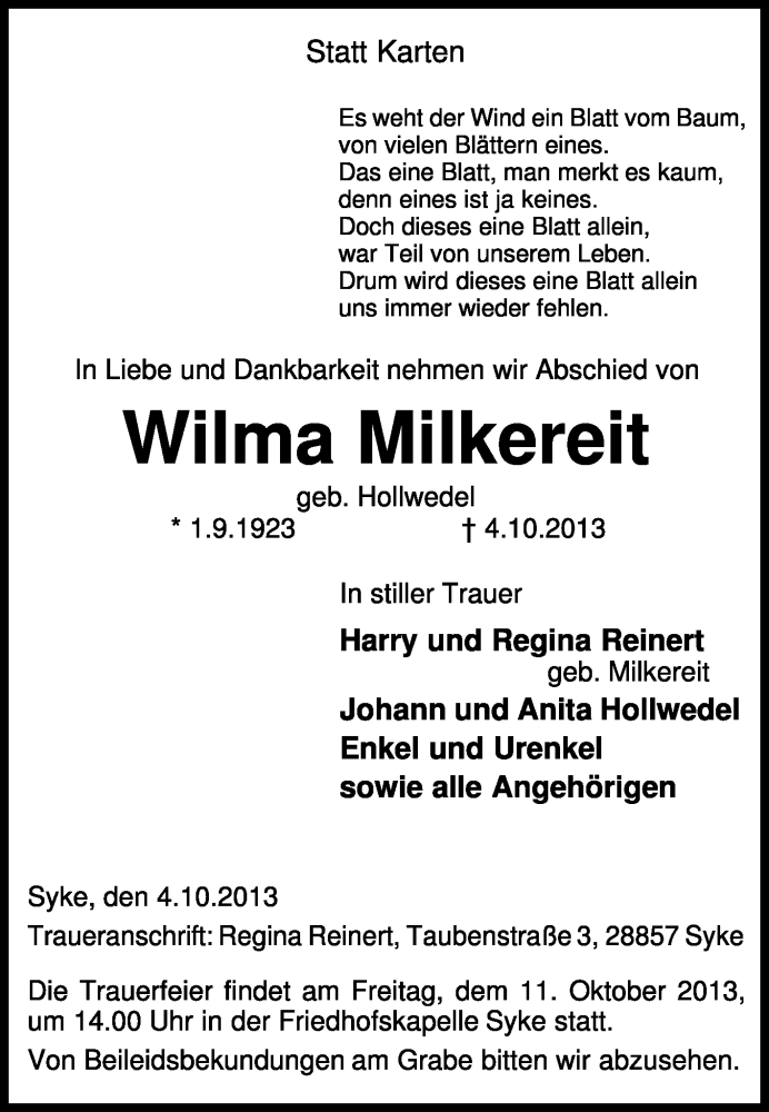  Traueranzeige für Wilma Milkereit vom 07.10.2013 aus KRZ