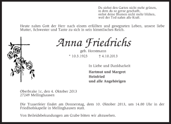 Traueranzeige von Anna Friedrichs von KRZ