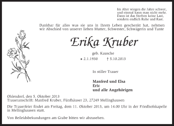 Traueranzeige von Erika Kruber von KRZ