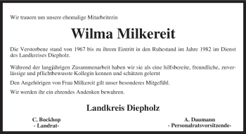 Traueranzeige von Wilma Milkereit von KRZ