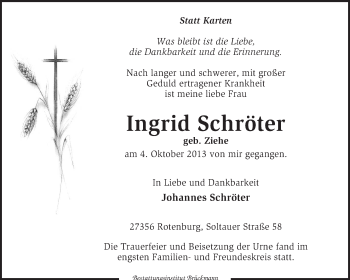 Traueranzeige von Ingrid Schröter von KRZ