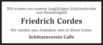 Traueranzeige von Friedrich Cordes von KRZ