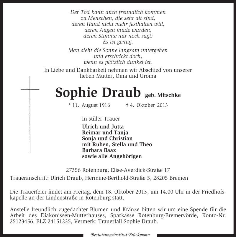  Traueranzeige für Sophie Draub vom 11.10.2013 aus KRZ