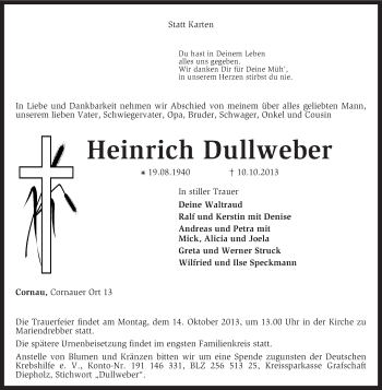 Traueranzeige von Heinrich Dullweber von KRZ