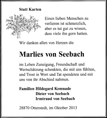 Traueranzeige von Marlies von Seebach von KRZ