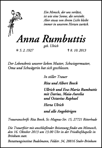 Traueranzeige von Anna Rumbuttis von KRZ