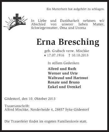 Traueranzeige von Erna Bresching von KRZ