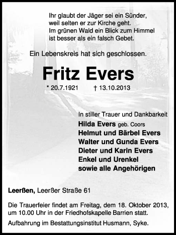 Traueranzeige von Fritz Evers von KRZ