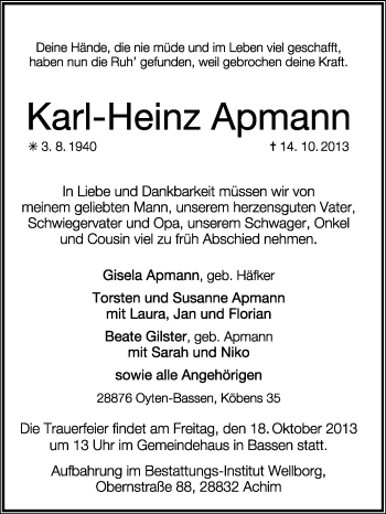 Traueranzeige von Karl-Heinz Apmann von KRZ