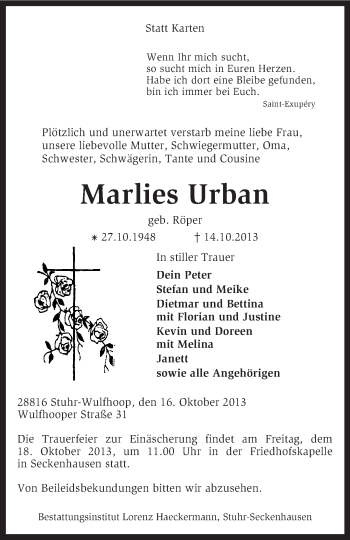 Traueranzeige von Marlies Urban von KRZ