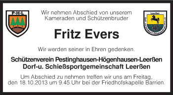 Traueranzeige von Fritz Evers von KRZ