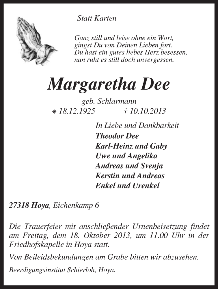  Traueranzeige für Margaretha Dee vom 16.10.2013 aus KRZ