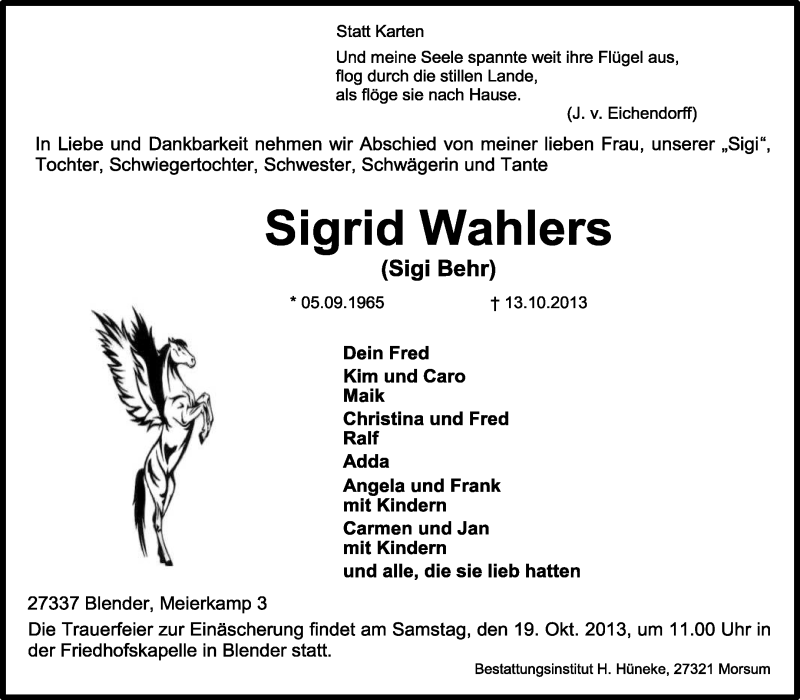  Traueranzeige für Sigrid Wahlers vom 16.10.2013 aus KRZ