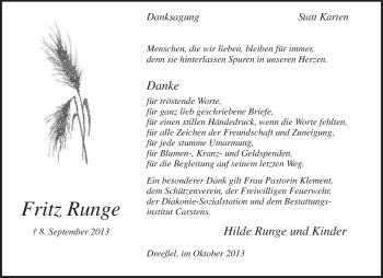 Traueranzeige von Fritz Runge von KRZ