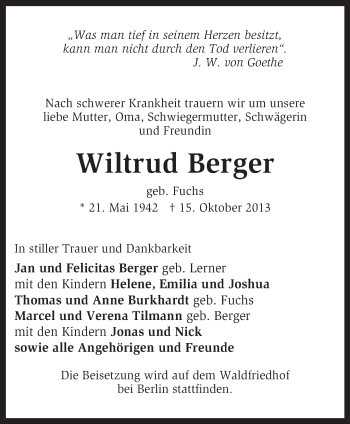 Traueranzeige von Wiltrud Berger von KRZ