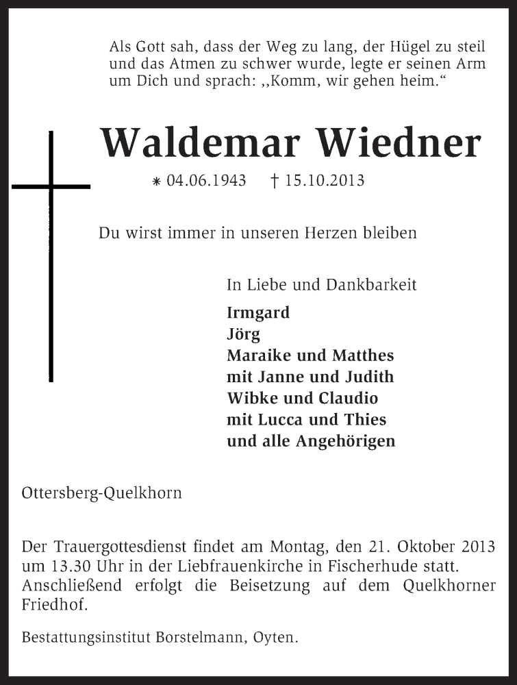  Traueranzeige für Waldemar Wiedner vom 18.10.2013 aus KRZ