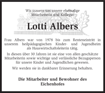 Traueranzeige von Lotti Albers von KRZ