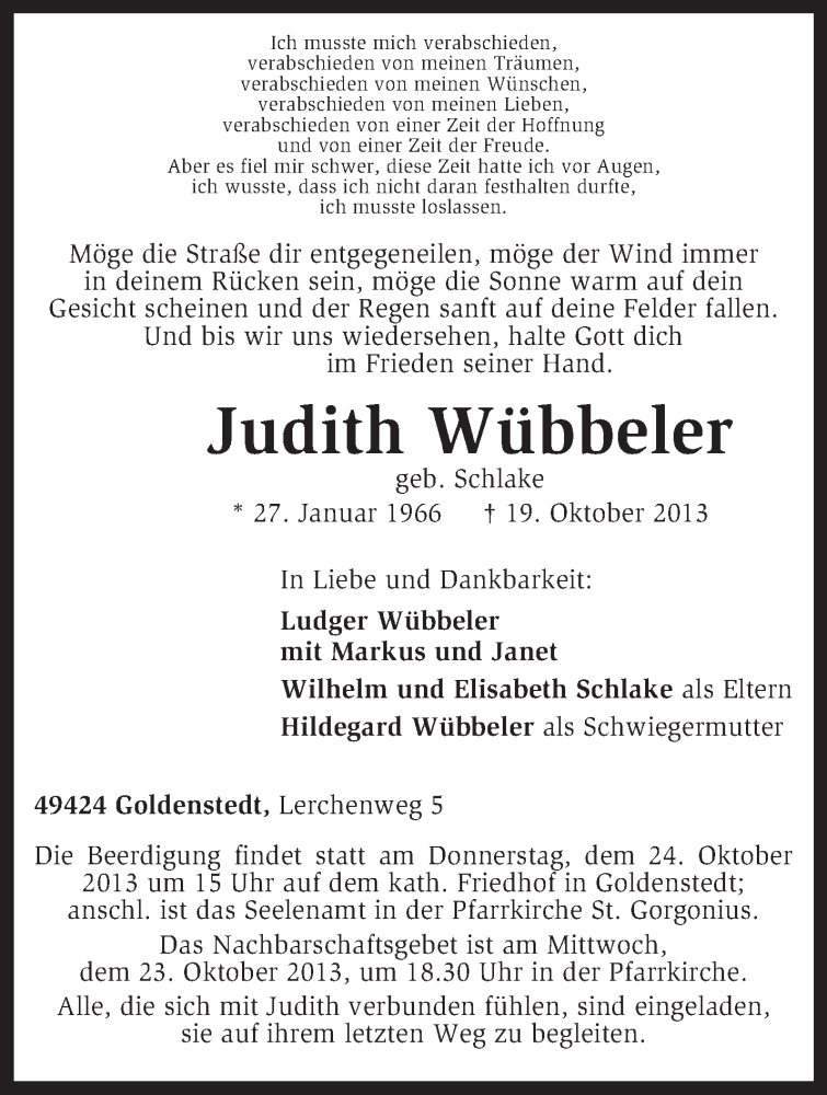  Traueranzeige für Judith Wübbeler vom 21.10.2013 aus KRZ