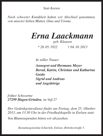 Traueranzeige von Erna Laackmann von KRZ