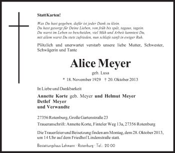 Traueranzeige von Alice Meyer von KRZ