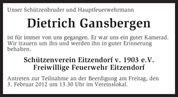 Traueranzeige von Dietrich Gansbergen von KREISZEITUNG SYKE