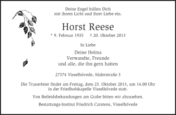 Traueranzeige von Horst Reese von KRZ