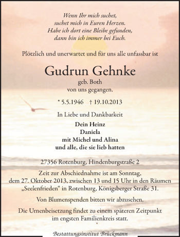 Traueranzeige von Gudrun Gehnke von KRZ