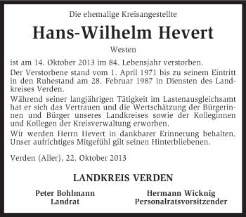 Traueranzeige von Hans-Wilhelm Hevert von KRZ