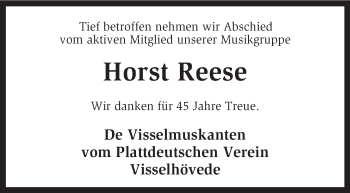 Traueranzeige von Horst Reese von KRZ