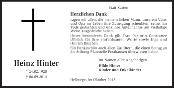 Traueranzeige von Heinz Hinter von KRZ