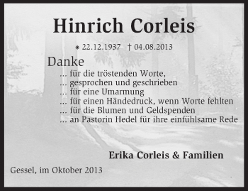 Traueranzeige von Hinrich Corleis von KRZ