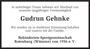 Traueranzeige von Gudrun Gehnke von KRZ