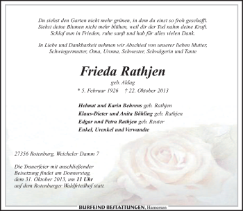 Traueranzeige von Frieda Rathjen von KRZ