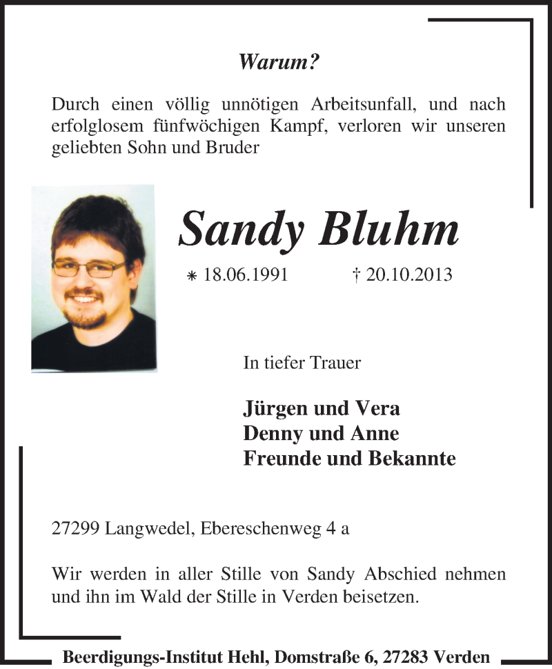  Traueranzeige für Sandy Bluhm vom 25.10.2013 aus KRZ