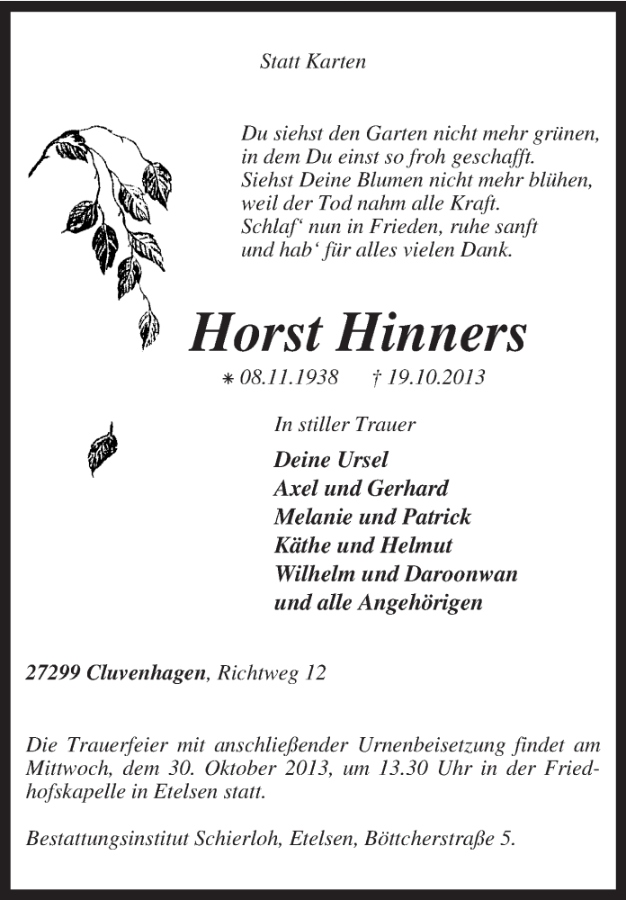  Traueranzeige für Horst Hinners vom 25.10.2013 aus KRZ