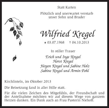 Traueranzeige von Wilfried Kregel von KRZ