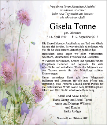 Traueranzeige von Gisela Tonne von KRZ