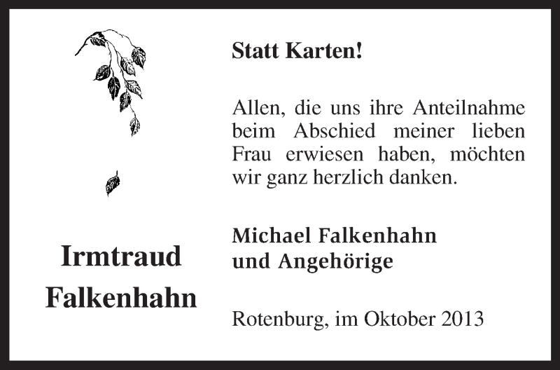  Traueranzeige für Irmtraud Falkenhahn vom 26.10.2013 aus KRZ