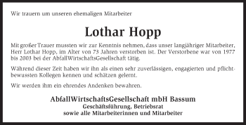 Traueranzeige von Lothar Hopp von KRZ