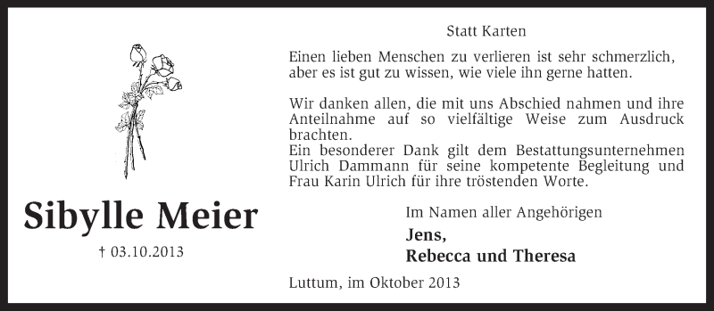  Traueranzeige für Sibylle Meier vom 02.11.2013 aus KRZ