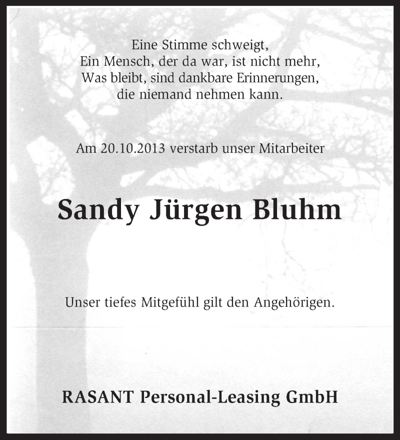  Traueranzeige für Sandy Bluhm vom 28.10.2013 aus KRZ