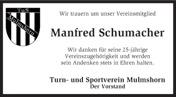 Traueranzeige von Manfred Schumacher von KRZ