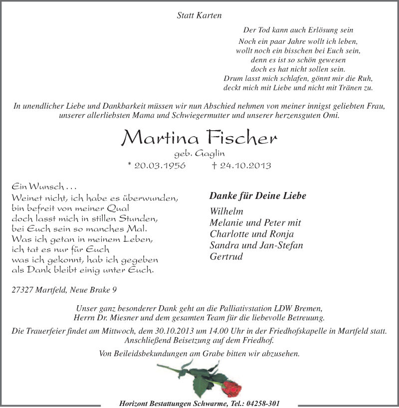  Traueranzeige für Martina Fischer vom 28.10.2013 aus KRZ