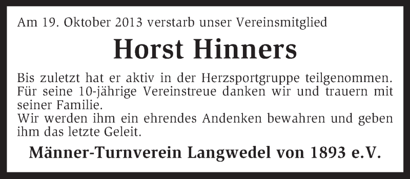  Traueranzeige für Horst Hinners vom 29.10.2013 aus KRZ