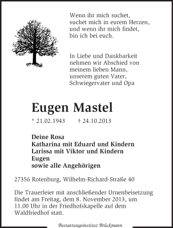 Traueranzeige von Eugen Mastel von KRZ