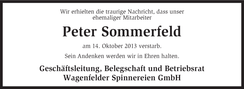  Traueranzeige für Peter Sommerfeld vom 29.10.2013 aus KRZ